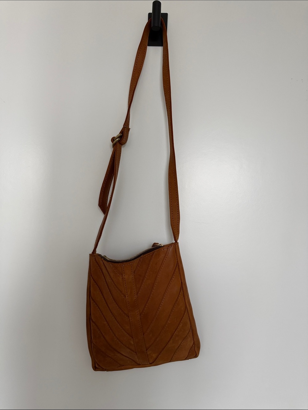 Chevron-Stitched Brown Leather Crossbody Bag